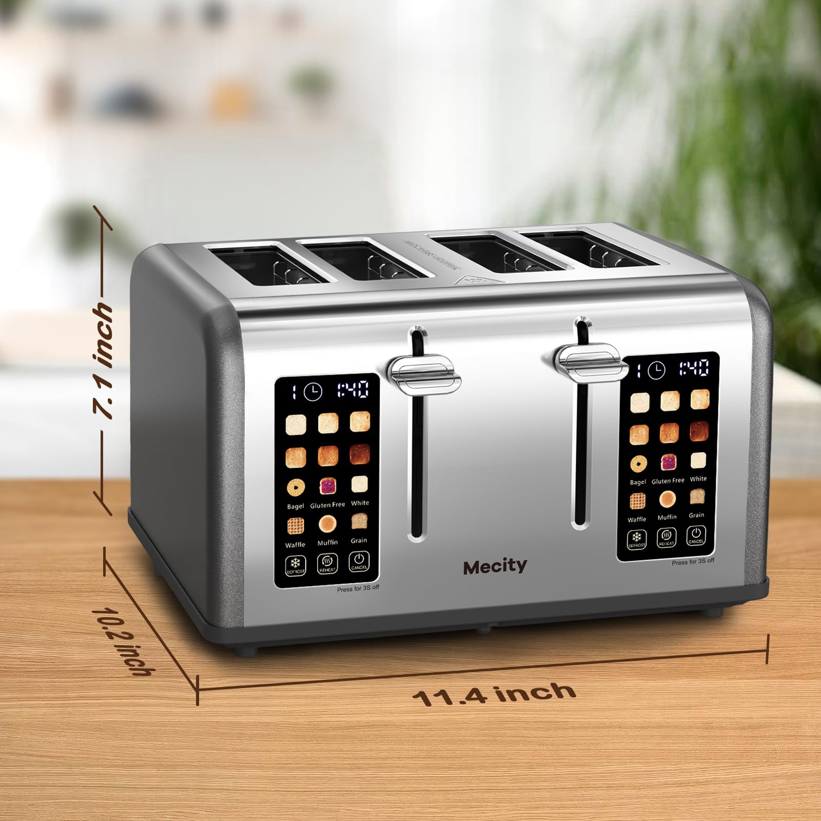 Mecity Tostadora de 4 Rebanadas con Control de Pantalla Táctil, 4 Ranuras Anchas, Tostadora de Pan Inteligente de Acero Inoxidable para Bagels, Muffins, Waffles, Panel de Control Dual, Temporizador, Descongelar, Recalentar, 120V 1650W, Gris Perla