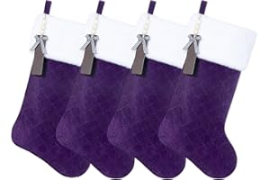 Shgngle Purple Velvet Quilted Personalized Christmas Stocking,19.5 Inch Fireplace Hanging Stockings with Blank Wooden Tags DIY Name,Family Holiday Decorations and Xmas Gift(Purple 4Pcs)