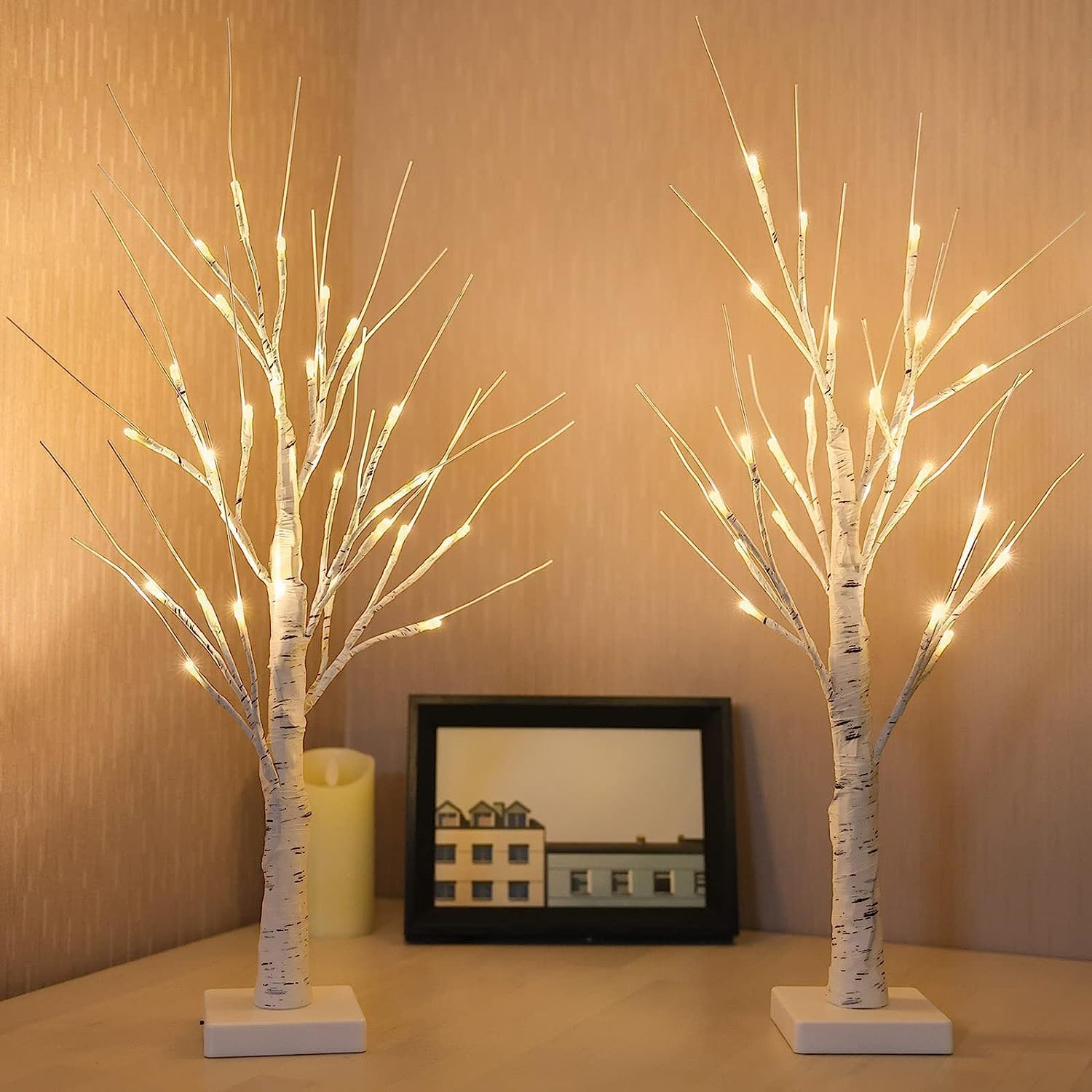 Photo 1 of 2-Pack 2FT Lighted Birch Tree with Timer for Christmas Decorations Indoor, Artificial Birch Tree with 48 LED Warm White Lights, Fairy Light Tabletop Centerpiece Tree for Christmas Winter Deocrations
