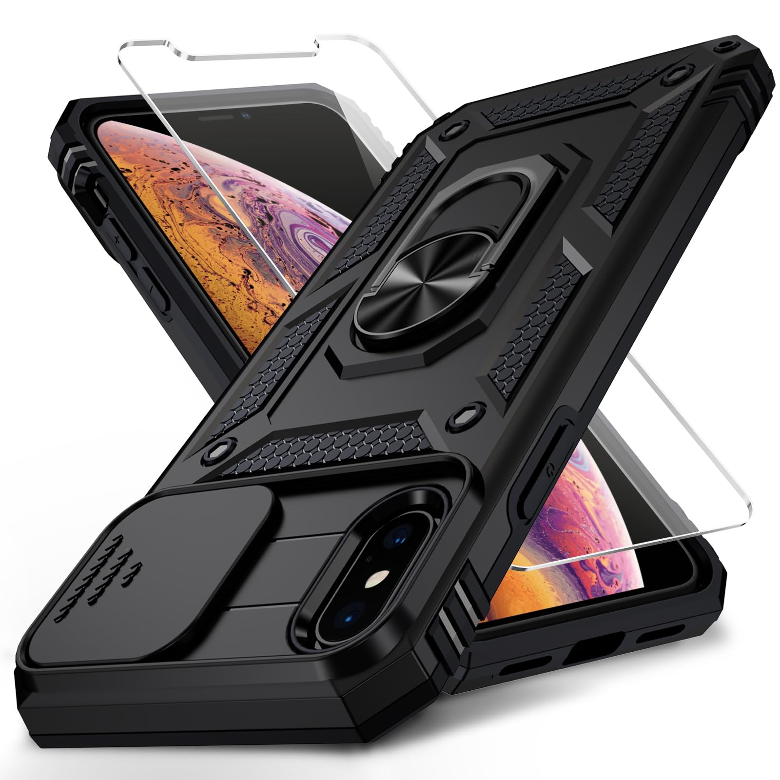 Vinve for iPhone X Case/iPhone Xs Case, Slide Lens Cover, HD Screen Protector, Military Grade Drop Protection, Magnetic Rotated Ring Holder Kickstand Protective Phone Case (Black)