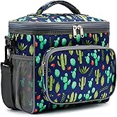 FlowFly Insulated Reusable Lunch Bag Adult Large Lunch Box for Women and Men with Adjustable Shoulder Strap,Front Zipper Pocket and Dual Large Mesh Side Pockets,Cactus