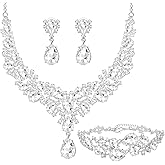 NEWITIN 15 Pieces Silver Jewelry Set for Women Prom Costume Jewels Rhinestone Crystal Necklaces Tennis Bracelets Rings Earrings Set Bridal Wedding Jewelry Sets for Brides Bridesmaid