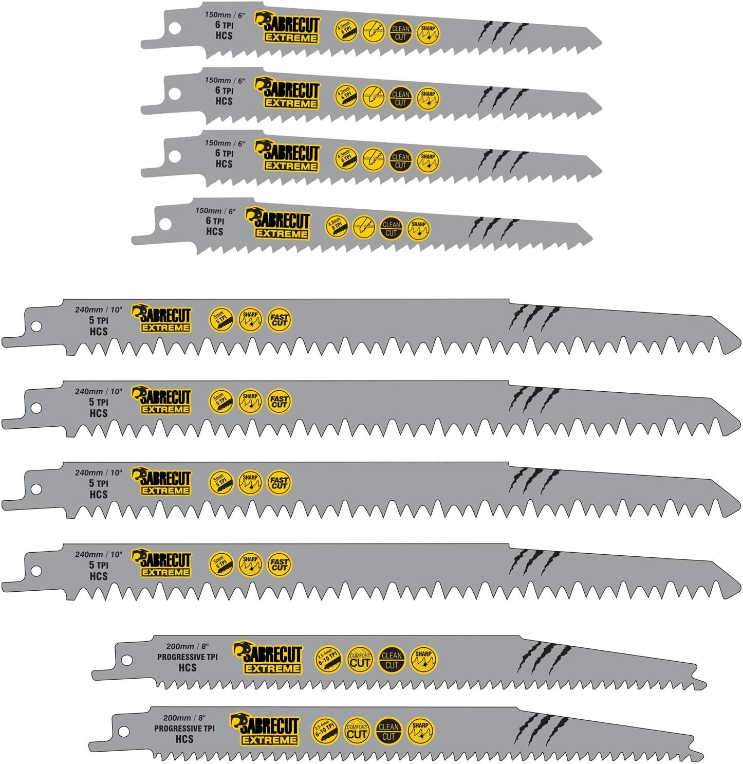10 x SabreCut SCRSKW10A Mixed S644D S1531L S2345X Fast Wood Cutting Reciprocating Sabre Saw Blades, Green