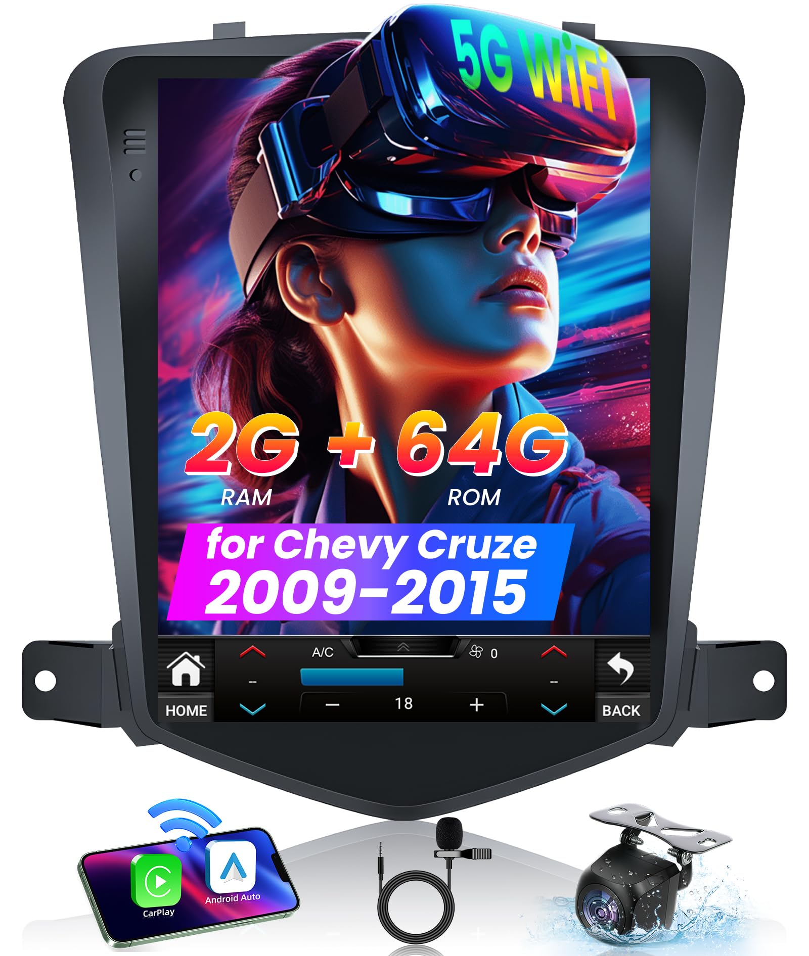 4Core 64ROM Car Radio for Chevrolet Chevy Cruze 2009-2015: Upgrade Touchscreen Tesla Style Stereo Head Unit Wireless CarPlay Android Auto 5G WiFi GPS Bluetooth 5.0 FM RDS SWC Backup Camera