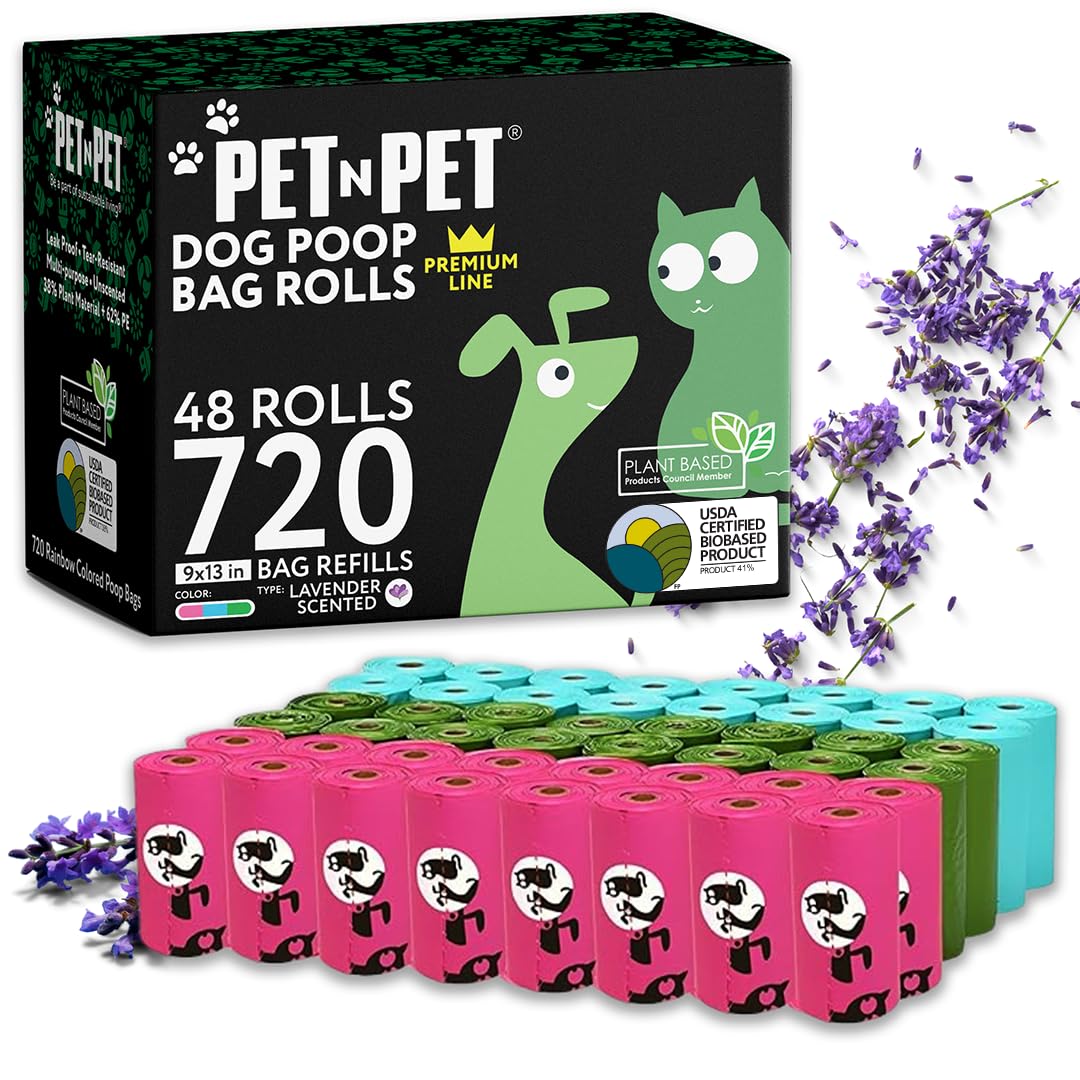 PET N PET 720 Count Biodegradable Poo Bags Dogs USDA Certified 41 percent Biobased 48 Thick Dog Poop Bags Rolls 9x13 Leak-Proof Scented