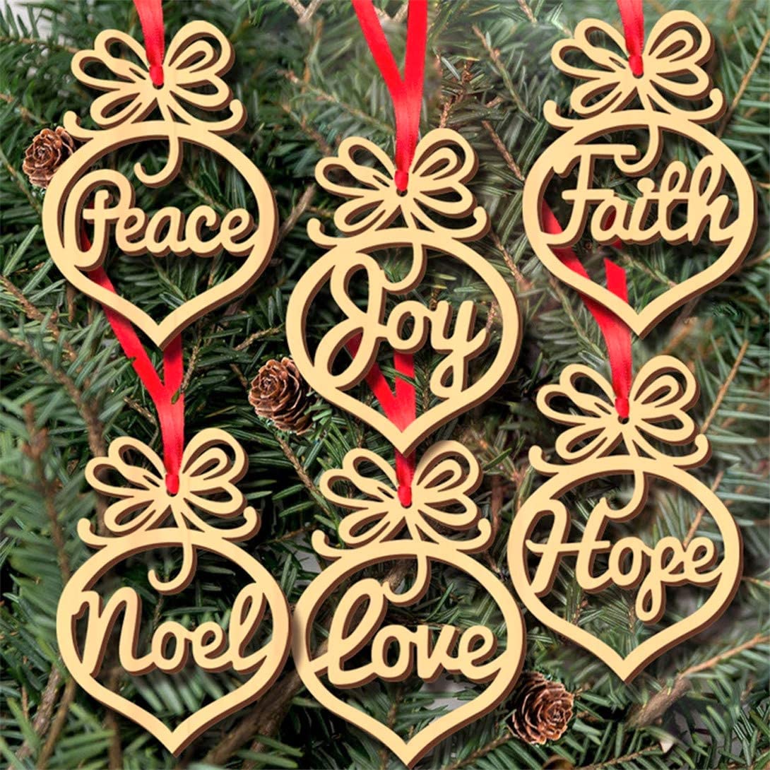 LATERN 36Pcs Wooden Christmas Ornaments, 6 Styles Hollow Letter Pendant Xmas Tree Hanging Tags with Red Strings - Crafts Embellishments Decor for Christmas Tree Holiday Wedding (10 x 7cm)