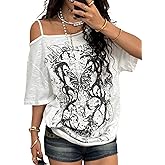 SOLY HUX Women's Off The Shoulder Tops Y2K Graphic Tees Short Sleeve Oversized Going Out T-Shirts Streetwear