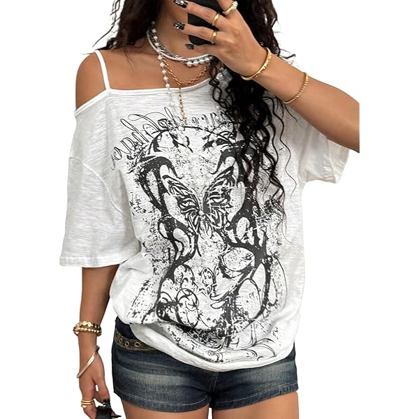 Women Graffiti Print Off Shoulder Long Sleeves Oversized T Shirt