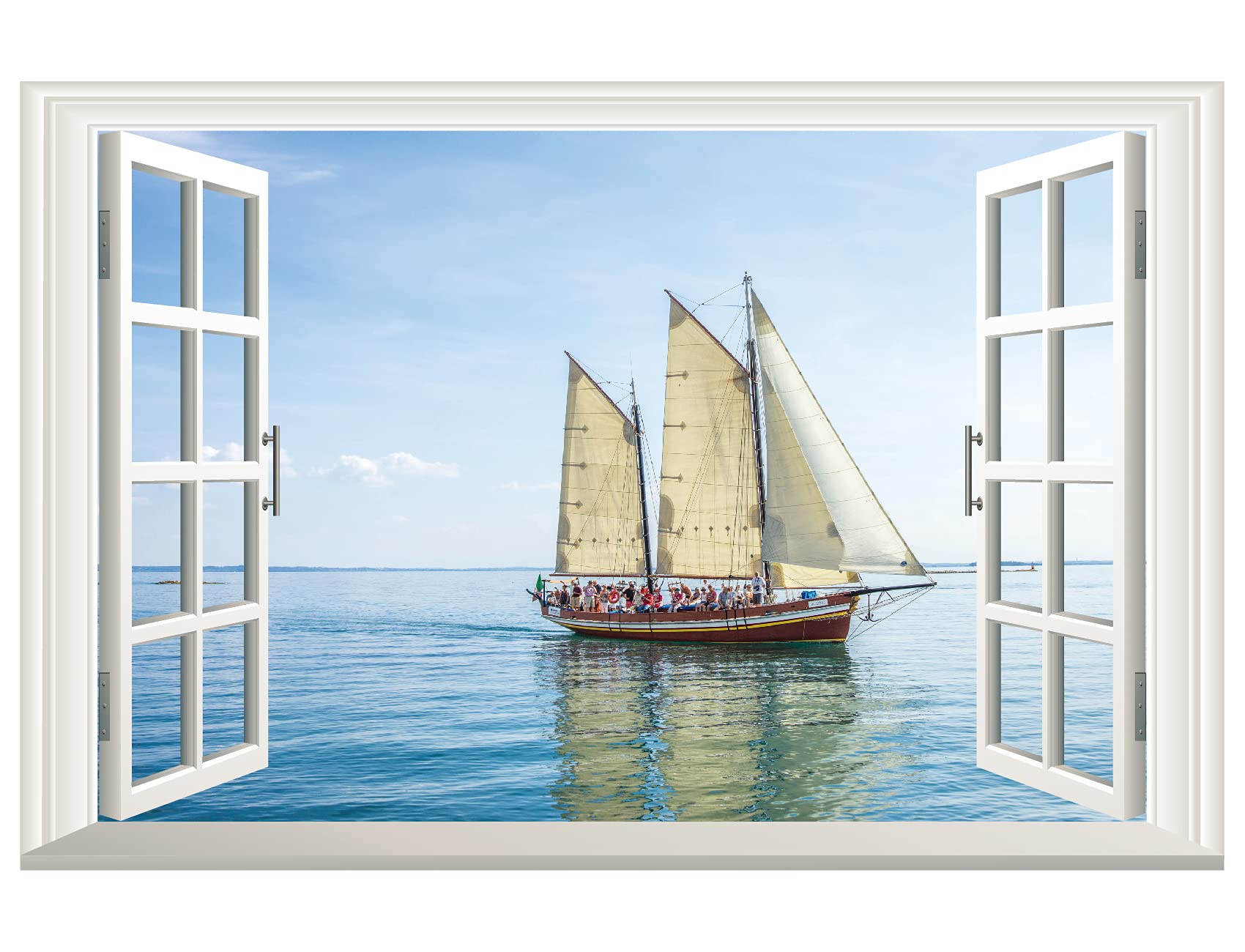 3D Vinyl Fake Window Ocean View Sailing Boats Scenery Wall Sticker Decal for Corridor Aisle Bathroom Bedroom Home Decor