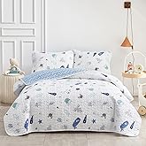 Joyreap 2-Piece Cotton Quilt Set Twin, Vibrant Ocean Theme Starfish Whale Crab Printed on White, Smooth Soft Quilt Bedspread Bed Cover for All Season, 1 Quilt and 1 Pillow Sham- 68x86 inches