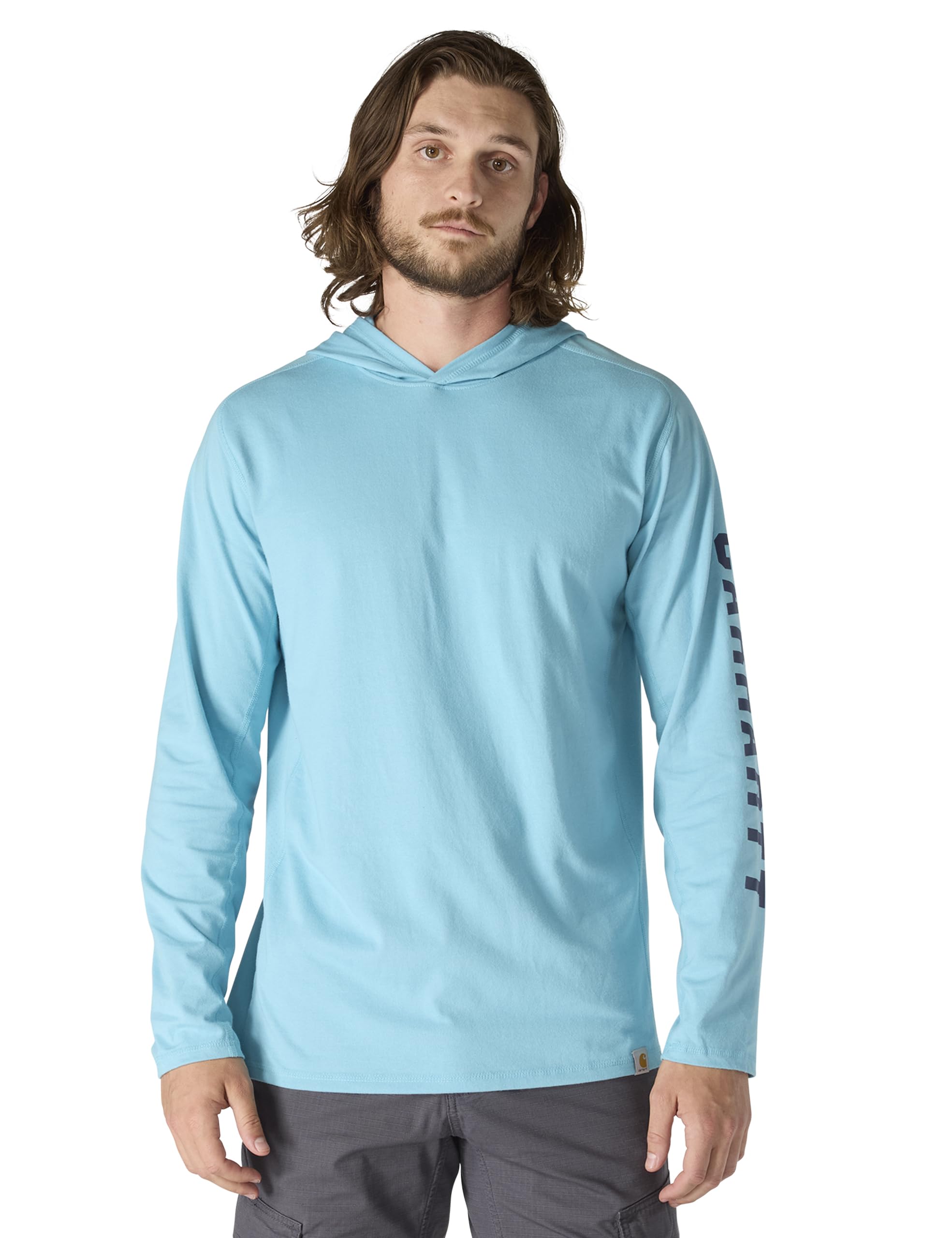 Carhartt Men's Force Relaxed Fit Midweight Long-Sleeve Logo Graphic Hooded T-Shirt, Dusted Aqua, Small Image Carhartt Men's Force Relaxed Fit Midweight Long-Sleeve Logo Graphic Hooded T-Shirt, Dusted Aqua, Small Image