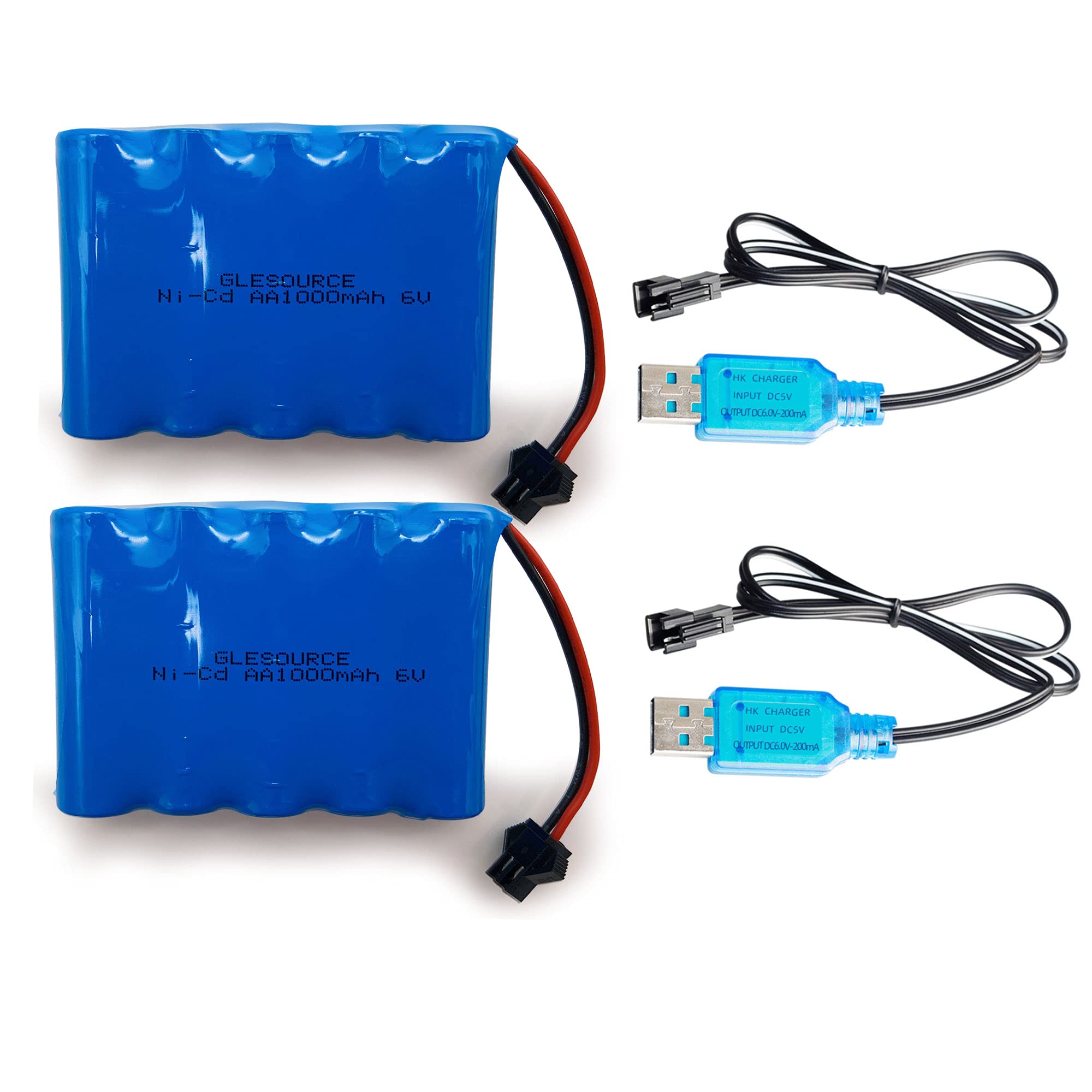 GLESOURCE(2-Pack 6.0V 1000mAh Ni-CD AA Rechargeable Battery Pack Fit for 11 Channel RC Excavator RC Truck Amphibious Stunt RC Cars Vehicles,SM-2P Plug with (2PCS) USB Charging Cable
