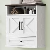 Bathroom Wall Cabinet, Wall Mounted Medicine Cabinet 24.4"H x 23.6"W x 9"D | With Drawer, Barn Doors &amp; Adjustable Shelf, White Over Toilet Farmhouse Storage Cabinet for Kitchen, Laundry Room, Entryway