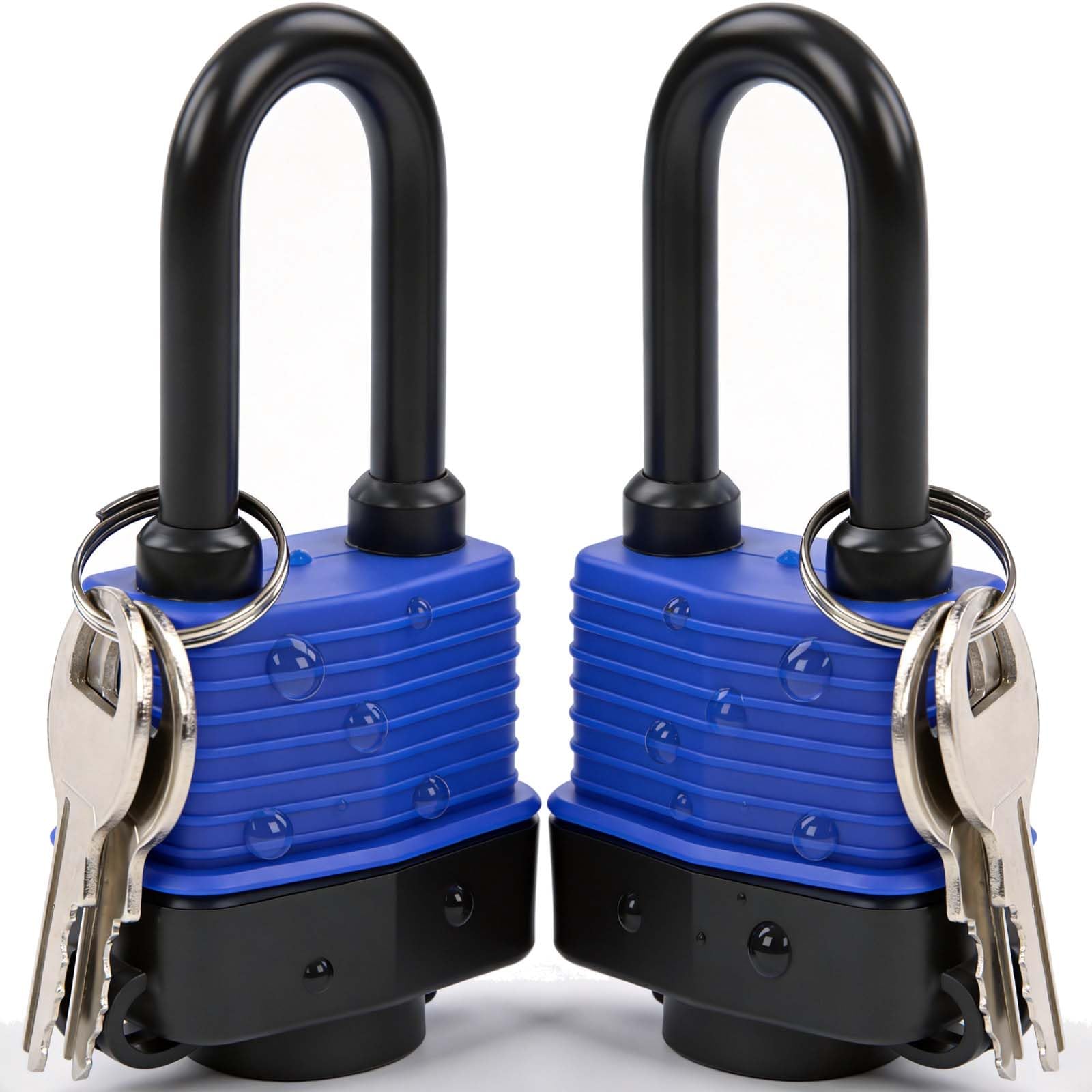 SEPOX® 44MM Weatherproof Outdoor Padlock Keyed Alike, Heavy Duty Steel Lock Body with Blue Cover Water Risistant, Long Shakle 2pcs Locks with 4 Keys Same, Ideal for Garden, Garage, Gate, Fence, Marine