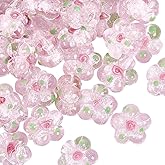 PONABEADIY 1 Box 40PCS 15MM Pink Flower Lampwork Beads with Holes Flowers Crystal Bumpy Glass Cute Transparent Floral Charms Spacer Loose Bead for Jewelry Making Earrings Necklaces DIY Craft Supplies