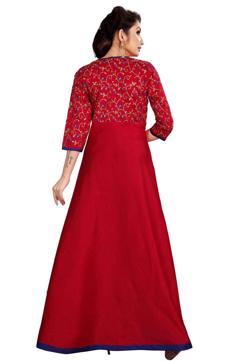 spangel fashion red silk embroderied design women's anarkali gown dress