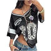 QJQ Women‘s Leopard Number Jersey Shirts Y2k V Neck Oversized T Shirts Streetwear Graphic Tees