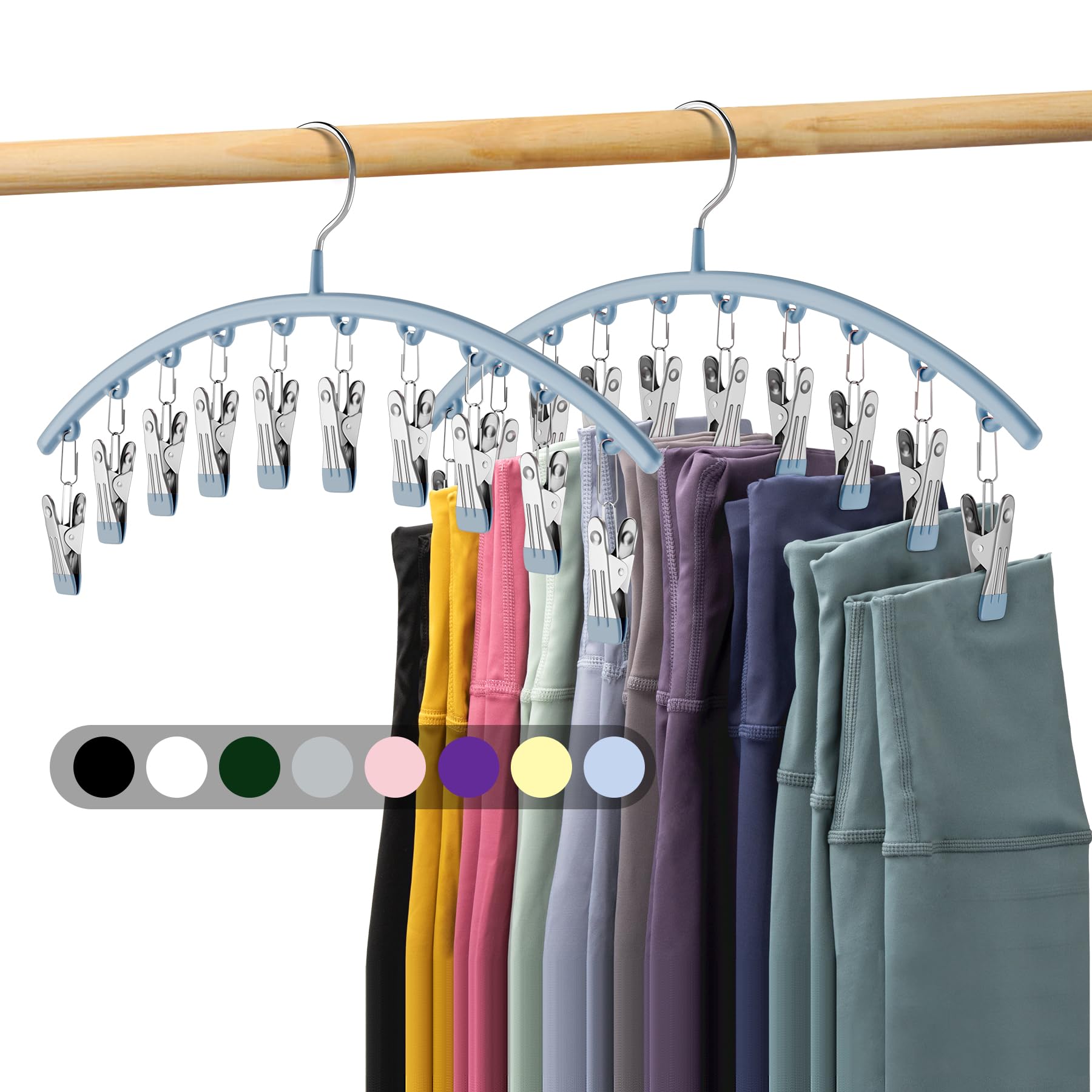 Volnamal Legging Organizer: Metal Yoga Pants Hanger w/Rubber Coated 2 Pack w/10 Clips Hold 20 Leggings, Space Saving Hanging Closet Organizer, Blue