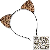 NESTRE Cheetah Ears Headband Face Stickers Leopard Cat Ears Headpiece Leopard Print Accessories for Adult Women Halloween Party Cosplay/brown