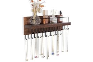 Lolalet Necklace Holder Hanging Necklace Organizer Wall Mounted Jewelry Organizer with 28 Hooks and Perfume Shelf, Wood Necklace Hanger Rack for Bracelets -Brown