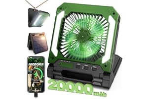 INNOPOWER 20000mAh Rechargeable Solar Camping Fan with Led Lantern, 3 Adjustable Speeds Cordless Battery Powered Portable Fan,Timer & Hanging Hook, Quiet USB-C Desk Fan for Tent Hurricane Worksite (Green)