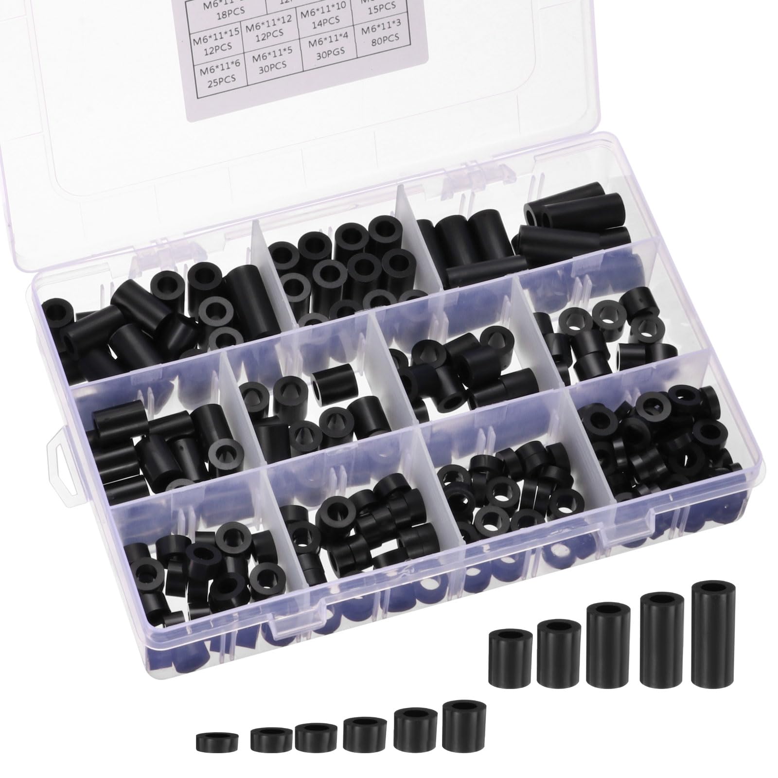PATIKIL M6 Nylon Spacers, 260Pcs Plastic Spacer Assortment 6mm ID x 11mm OD Spacer Screw Standoff Round Electrical Outlet Spacers for 1/4in Screw Bolts Hardware Receptacle, Black
