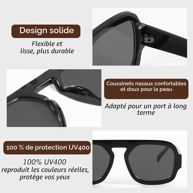 2 Pièces Lunettes de Soleil Femme Homme Carrées Rétro de Soleil Protection UV400