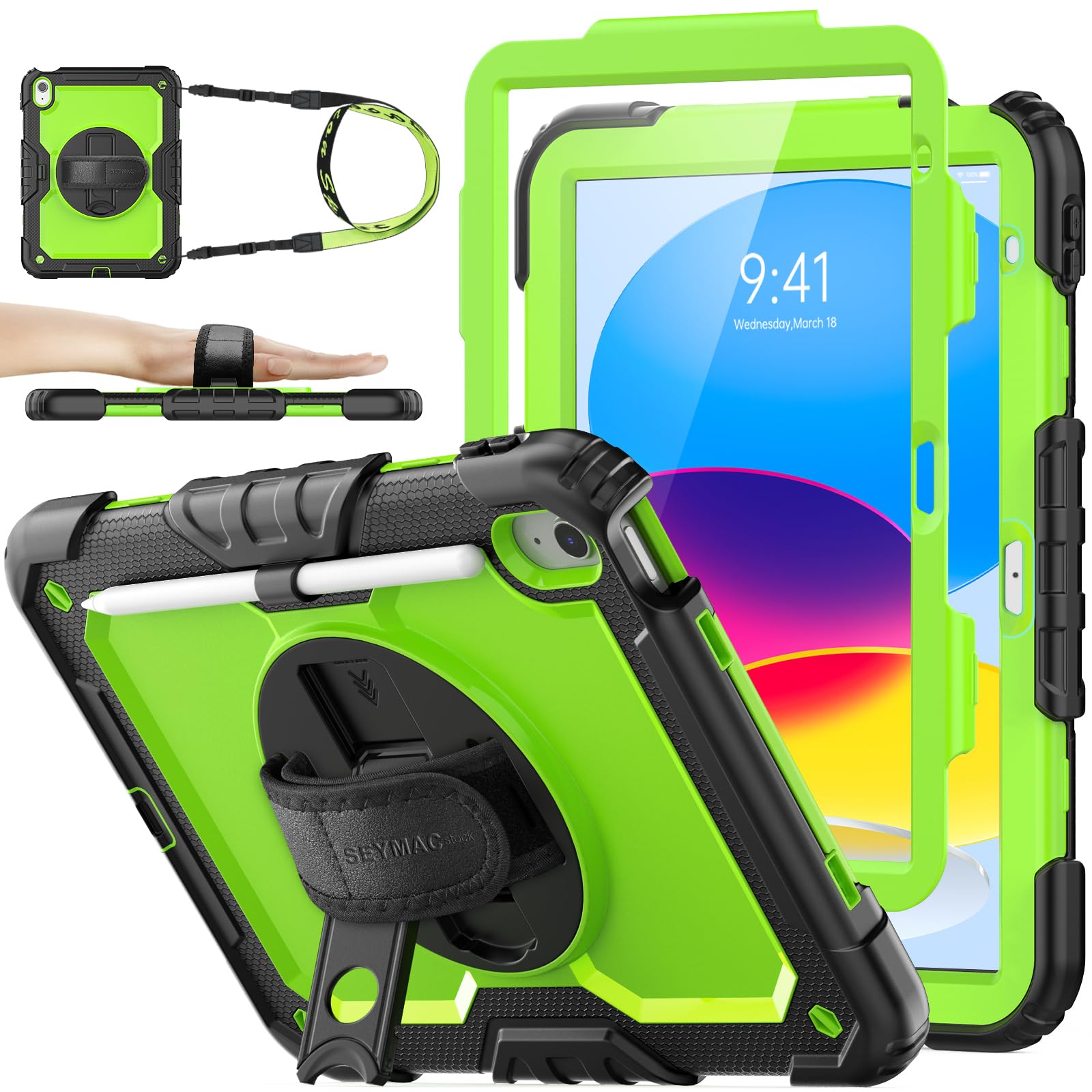 SEYMAC stock Case for iPad A16 11th/10th Generation (11/10.9 Inch) 2025/2022, Heavy Duty Shockproof with Screen Protector, 360° Rotating Stand/Hand Strap, Pencil Holder & Shoulder Strap, Green — image 1