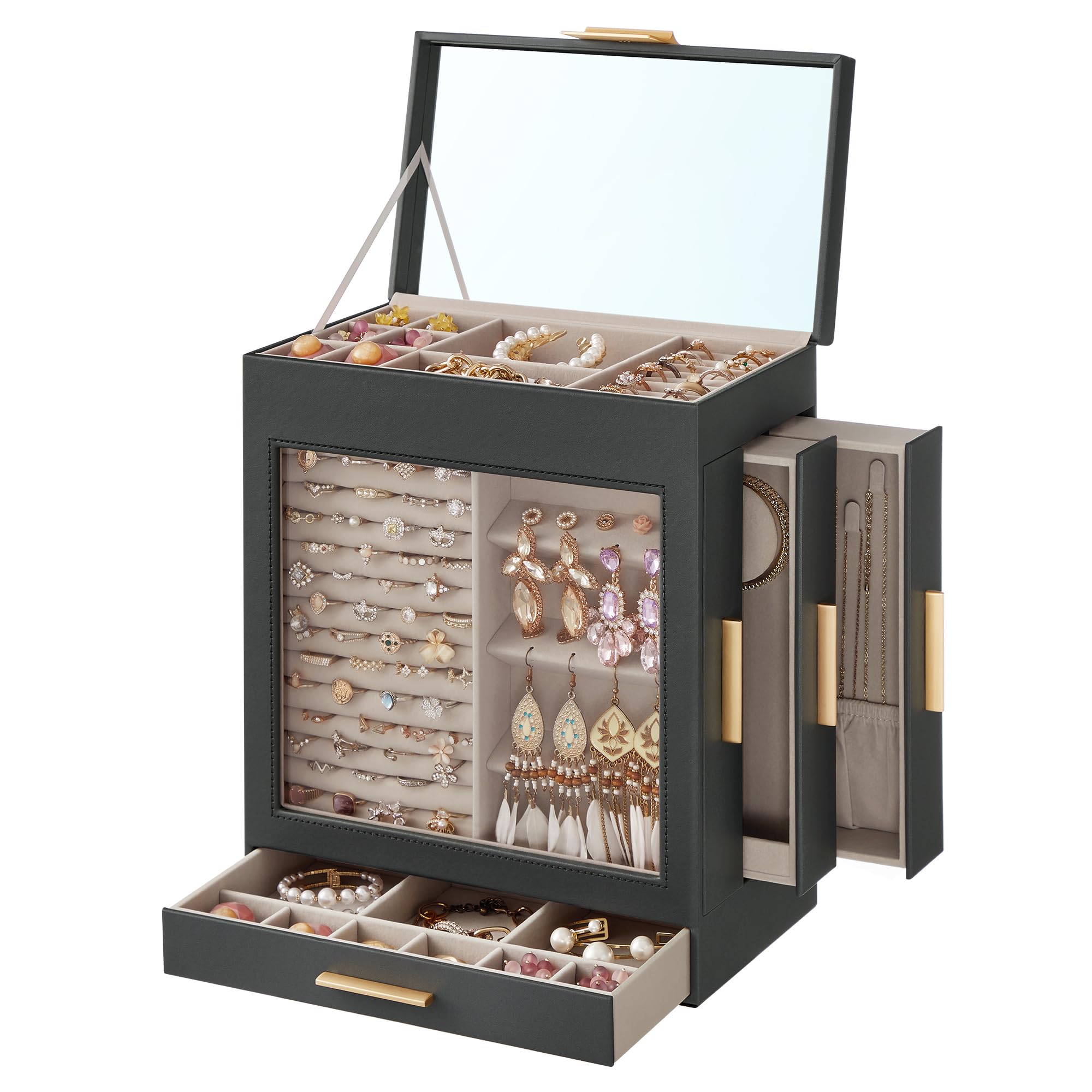 SONGMICS Jewelry Box with Glass Window, 5-Layer Jewelry Organizer with 3 Side Drawers, Jewelry Storage, with Big Mirror, Modern, 6.1 x 10.3 x 12.6 Inches, Slate Gray and Metallic Gold UJBC162G01 Image