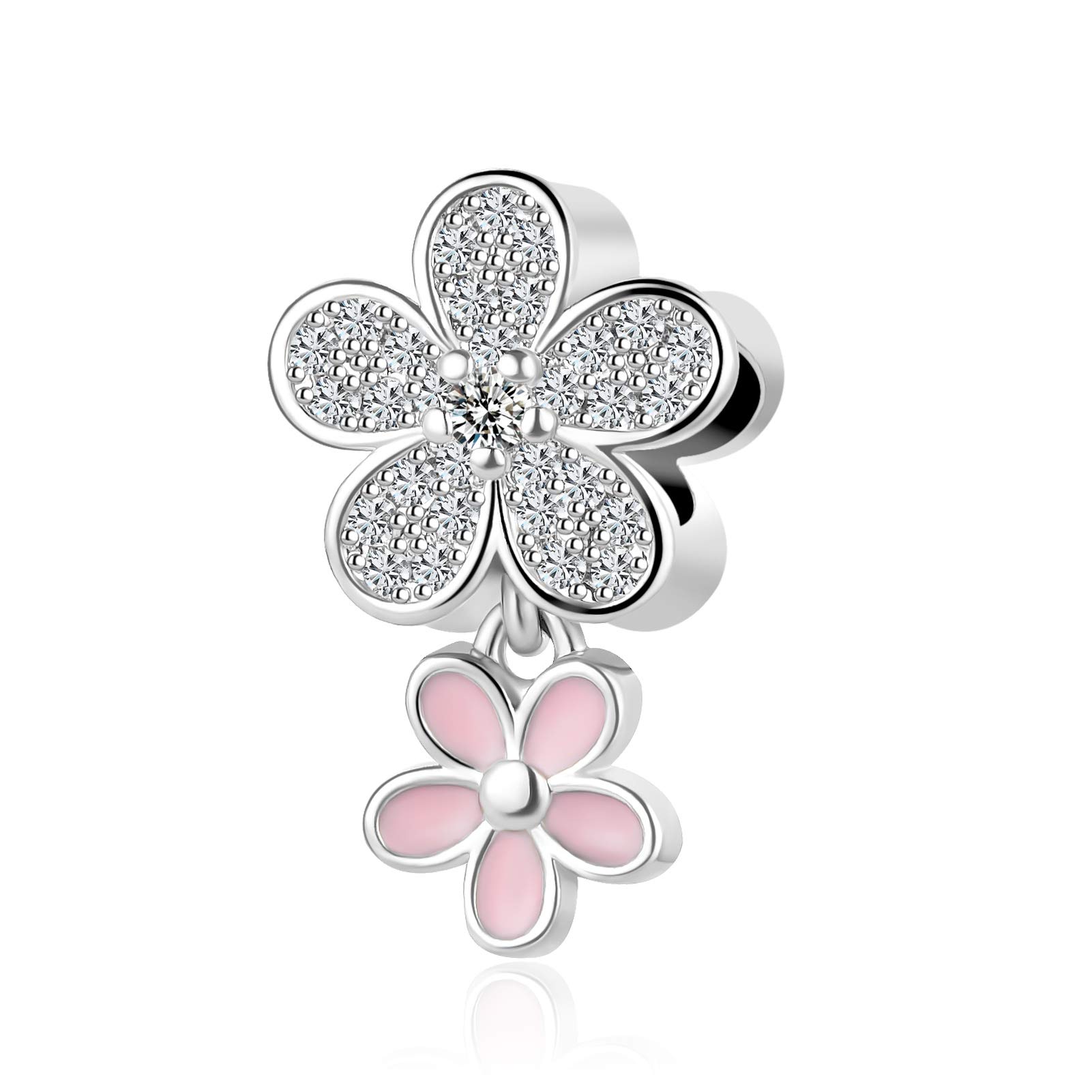 Pink Enamel Clear Flower Dangle Charm fits Pandora Charms Bracelets Christmas Birthday Jewellery Gift for Women Daughter Sister Granddaughter