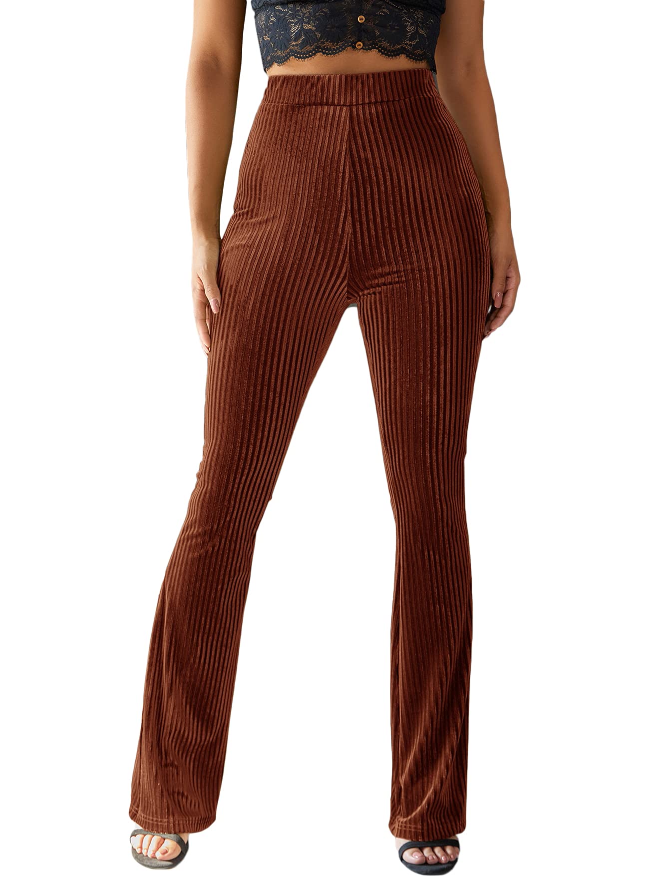 Photo 1 of Floerns Women's Velvet Elastic Waist Flare Leg Palazzo Long Pants Trousers Rust Brown XL