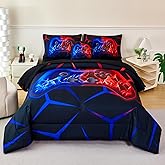 ZRNBAST 6-Piece Gamer Comforter Set Twin Size Red and Blue Gaming Bedding Sets for Boys with Sheets Soft Fluffy Game Console Design Bed in a Bag (Red Blue, Twin)
