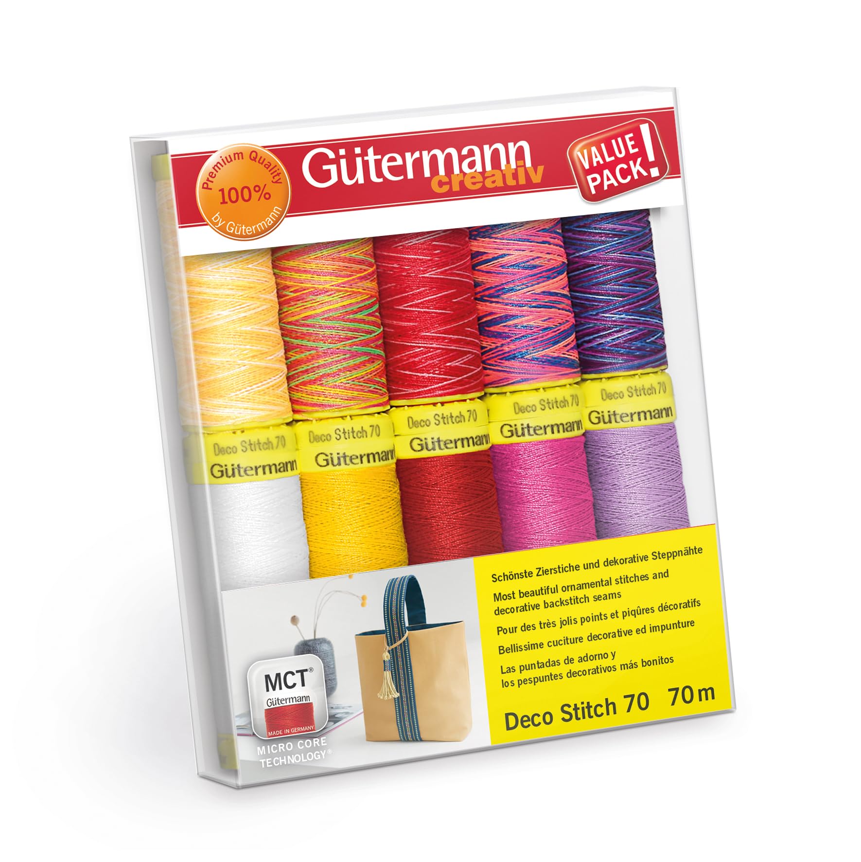 Gütermann creativ Sewing Thread Set with 10 spools of Decorative Thread Deco Stitch 70 70 m in Different Solid and Multicolour Colours