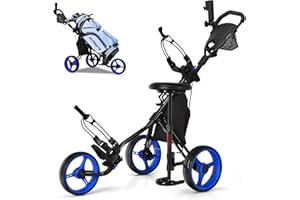 SPORFIT Golf Push Carts 3 Wheel Folding-Collapsible Lightweight Push Cart with Seat for Golf Clubs, Foot Brake/Umbrella Holder- 4 Height Position Handle