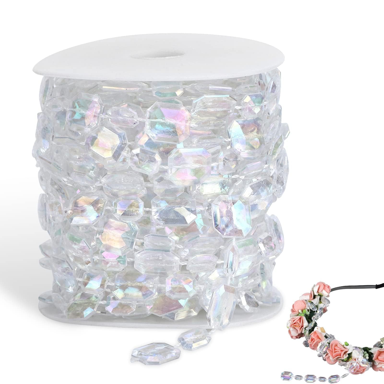 32ft Acrylic Crystal Beads Garland Chandelier Gem Beads Chain Hanging Crystals Strings Garland Trim Chain for Wedding Party Tree Decoration DIY Crafts