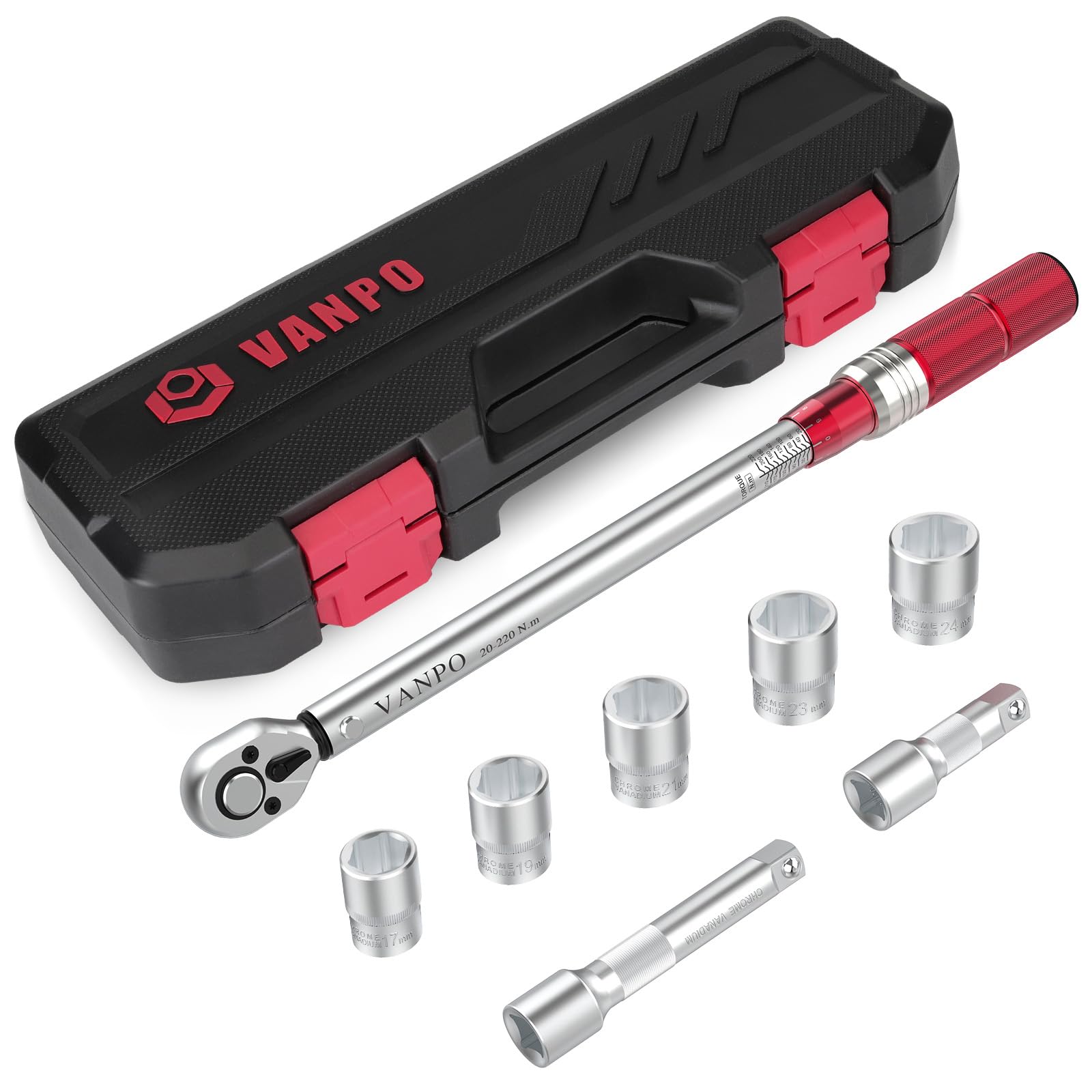 VANPO Torque Wrench 1/2 Inch Drive, 20-220Nm 8 Pieces Torque Wrench Set, ± 3% Accuracy with 2 Extension Bars 75mm and 125mm, 5 Sockets 17mm, 19mm, 21mm, 23mm, 24mm for Cars, Motorcycles, Trucks