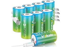 volkate Rechargeable D Cell Batteries 8 Pack, 1.5V 7500mwh Lithium LR20 Battery D Size with USB-C Charging Cable, for Flashlight, Toy, Radio