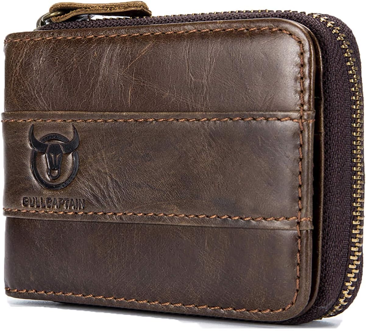 Genuine Leather Zipper Wallets for Men RFID Blocking Vintage Bifold Wallets Credit Card Holder Cases Brown