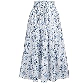 MSLG Women's High Elastic Waist Midi Skirt Casual Summer Trendy Tie Front Flowy Ruffle Floral Print A line Skirts 626