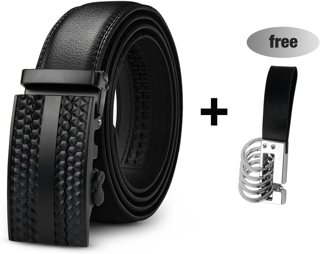 Sirhao Leather Belt for Men Automatic Ratchet Buckle 35mm Box and Key Chain (Dumb Black)