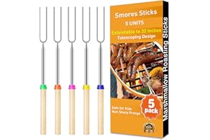 HOOPLE Smores Sticks for Fire Pit – Marshmallow Roasting Sticks & Hot Dog Roasting Sticks, Extendable Stainless Steel Smore Skewers for Campfire Cooking and Camping Essentials, 32 Inch (5-Pack)