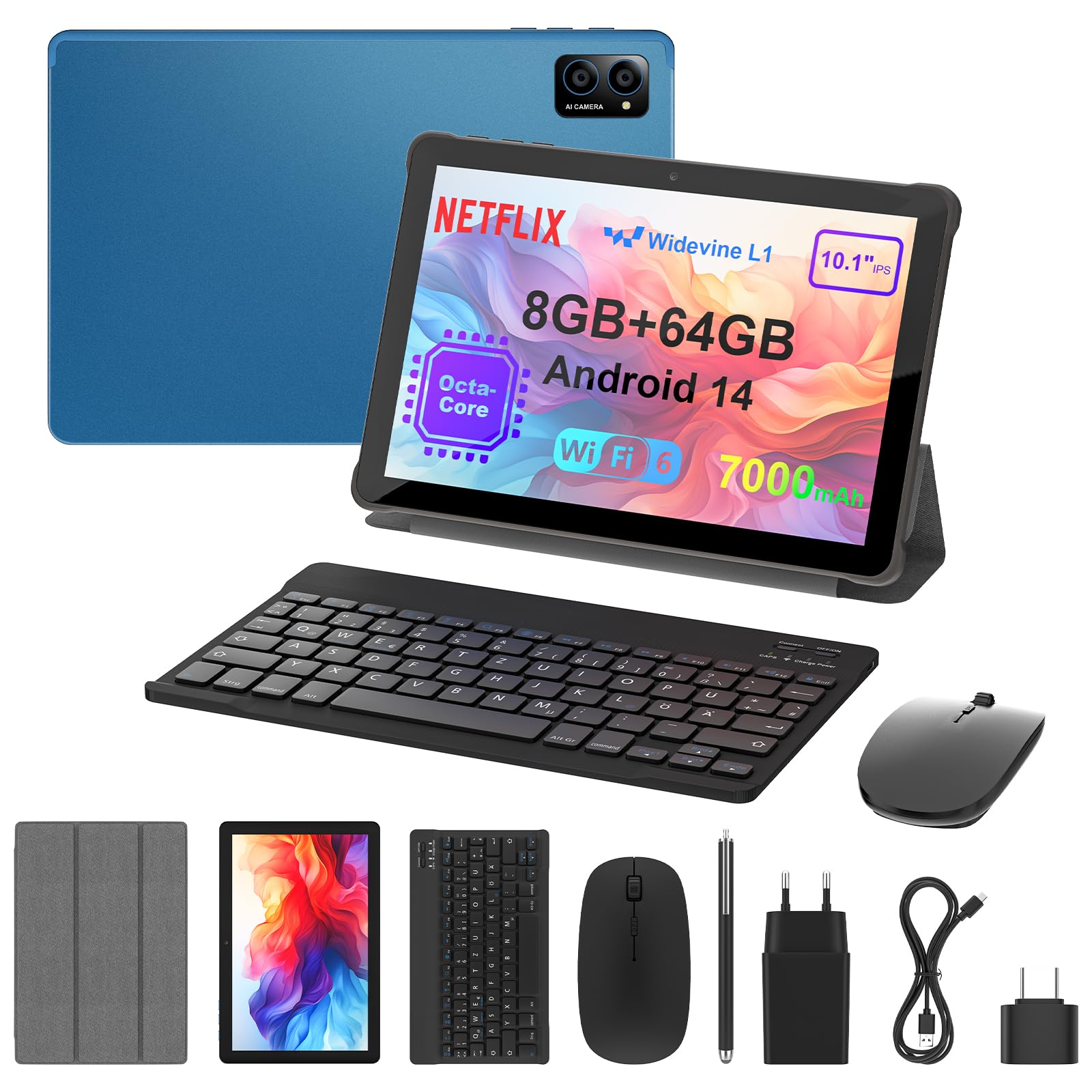 10 inch Android 14 Tablet: Octa-Core, 8GB RAM 64GB, 7000mAh, with Stand Case, IPS HD Display, Wi-Fi 6, OTG, Metal Body – Fast & Portable Tablet with Keyboard, Mouse & Stylus, 2-Year Protection