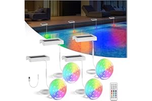 QOLNBY Upgraded Solar Powered USB Rechargeable Submersible LED Lights 2-in-1, 4.55 Inch IP68 Waterproof Pool Light 22 Colors with Remote Magnet Solar Pool Lights for Inground Pools, Pond 4 Pack
