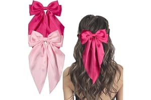 Furling Pompoms Hair Bows Clip, Hot Pink Bow for Women's Hair - 2 Pack, Elegant Satin Bow Hair Accessories for Birthday, Wedding, Holidays