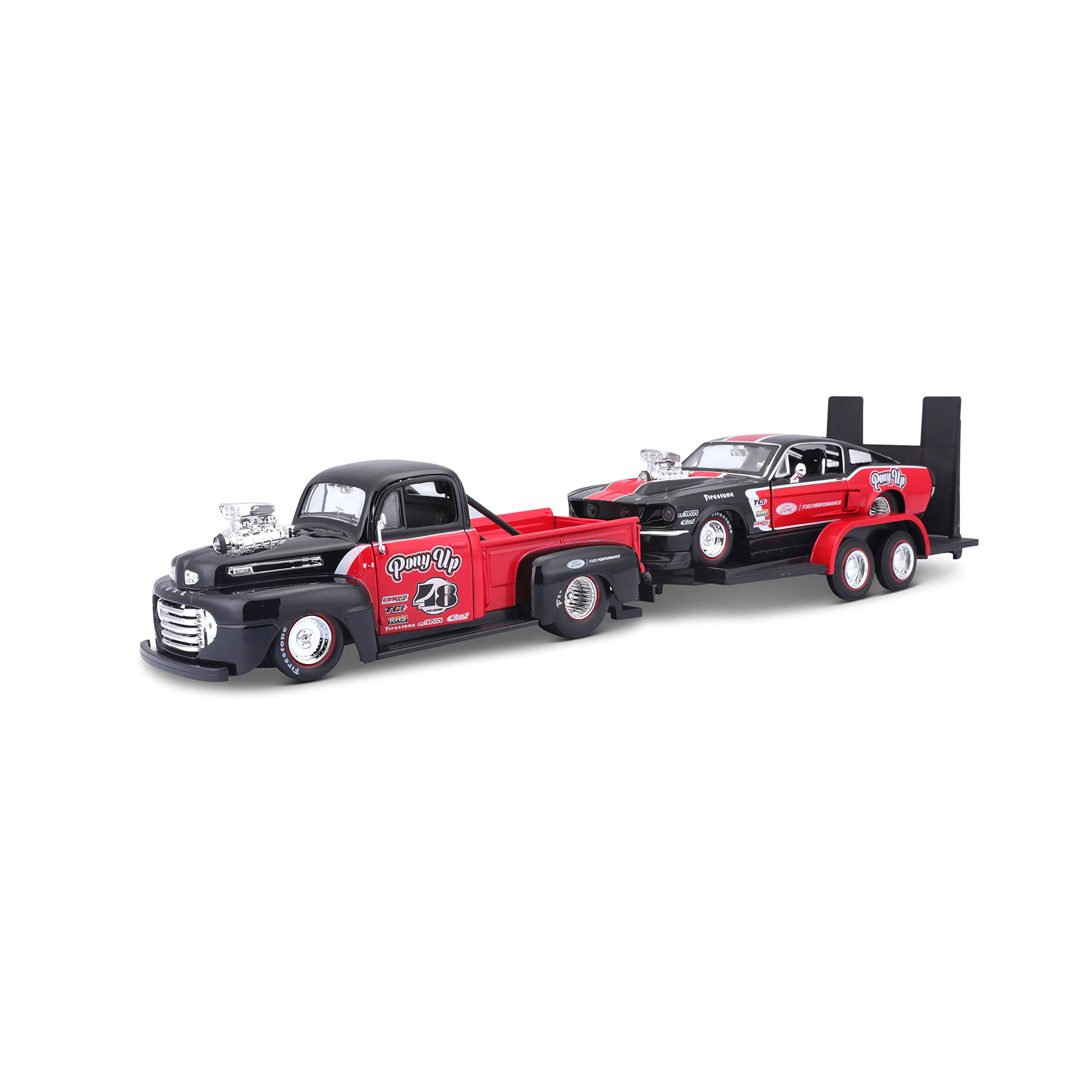 Maisto 532751 Design Elite Transporter F1 Pickup + Ford Mustang GT 1:24 Scale Model car, red/Black