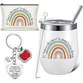 SEEWEY 3 Pieces Back to School Teacher Gifts Teacher Appreciation Gifts 12 oz Teacher Wine Stainless Steel Tumbler Makeup Bag Keychain Insulated Coffee Tumbler Canvas Cosmetic Bags Thank You Gifts