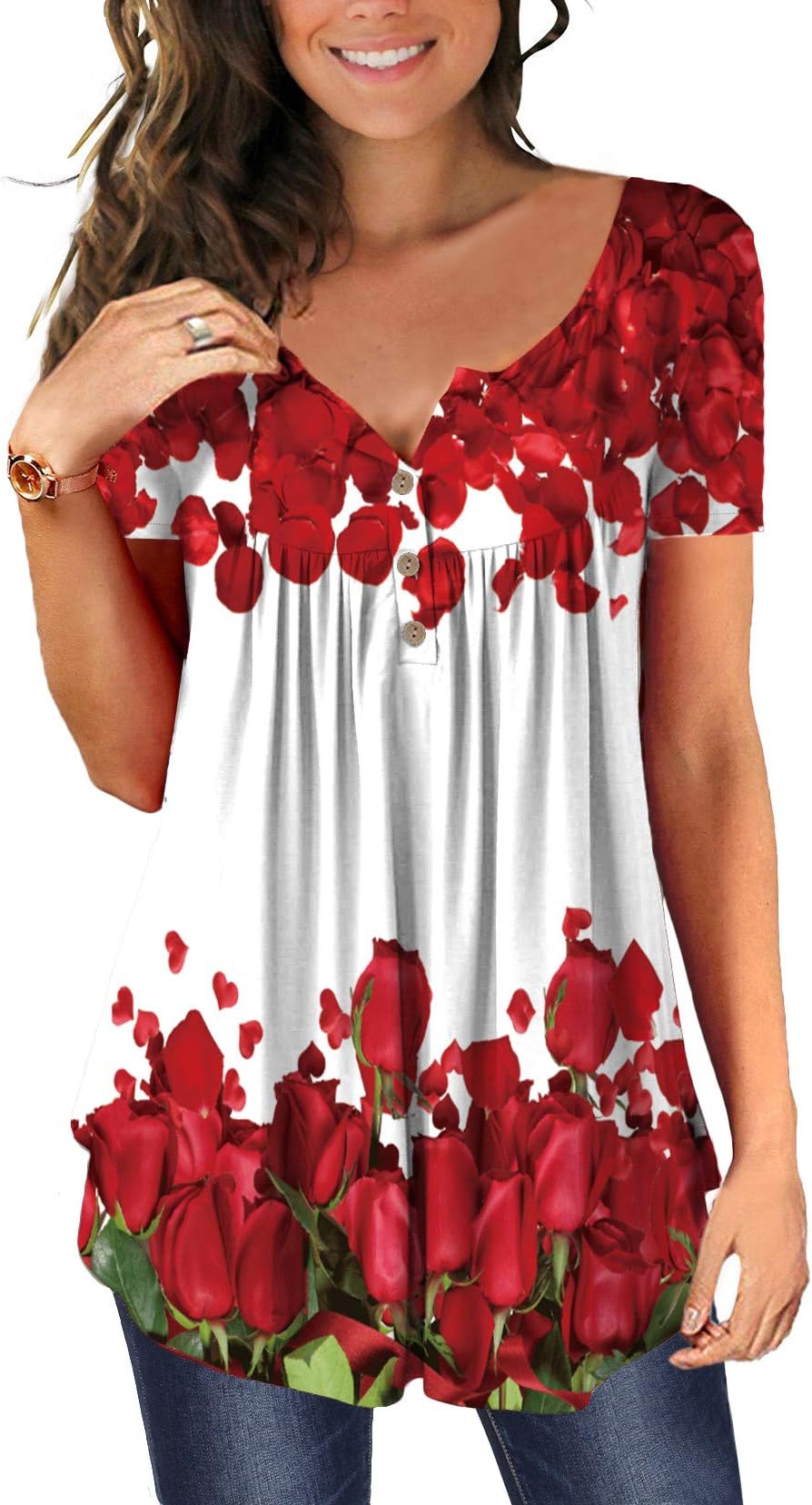 Mystry ZoneWomens Henley V Neck Casual Blouse Button Down T Shirts Flare and Flowy Tops