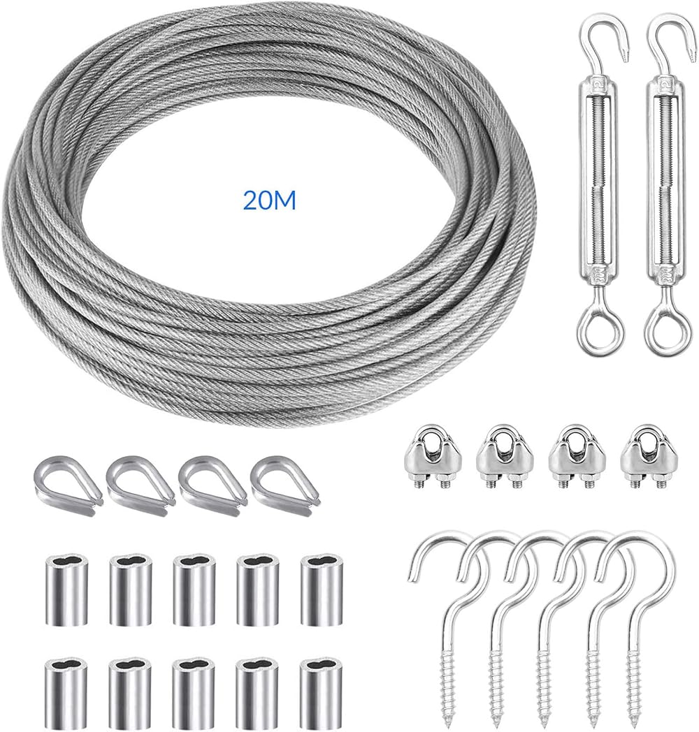 YEYIT 26 Pcs 20M Stainless Steel Wire Rope Kit PVC Coated Cable for Garage Door