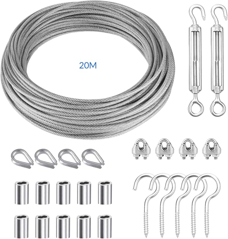 YEYIT 26 Pcs 20M Stainless Steel Wire Rope Kit PVC Coated Cable for Garage Door