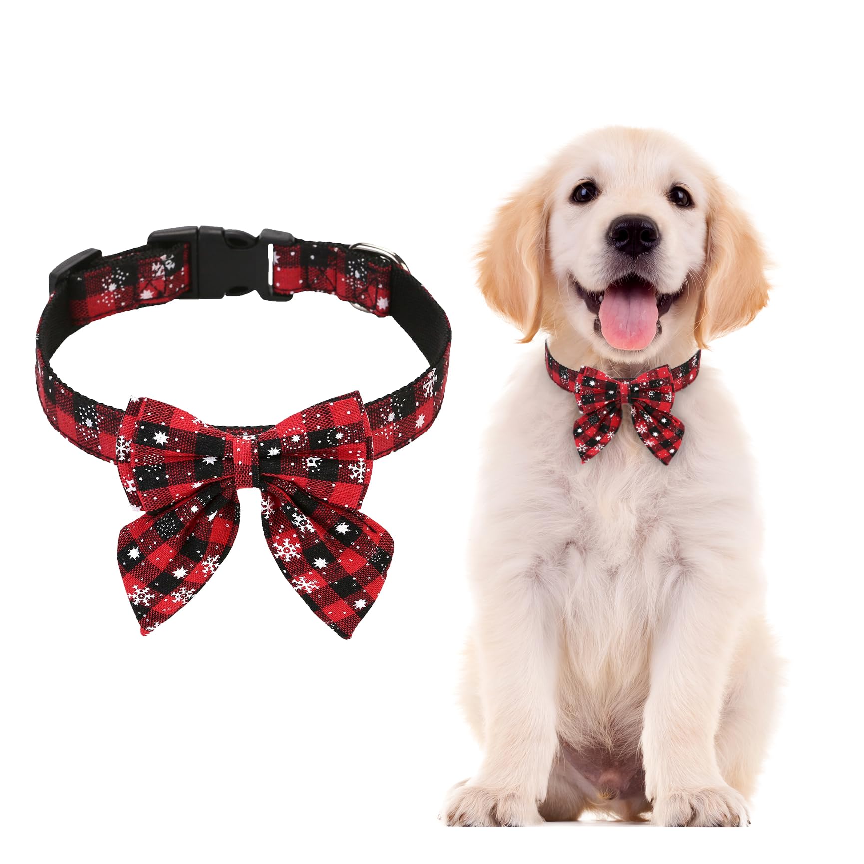Christmas Dog Collar With Bow Tie, Adjustable Tartan Red Xmas Collar for Small Medium Large Dogs